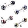 Straight barbell with epoxy striped balls, 14 ga