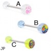 Straight barbell with peace logo glitter balls, 14 ga