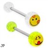 Straight barbell with smiley face logo glitter balls, 14 ga
