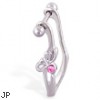 Straight helix barbell with dangling cuff with pink bow, 16 ga