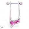 Straight helix barbell with dangling pink jeweled cuff , 16 ga