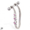 Straight helix barbell with dangling pink jeweled star cuff , 16 ga