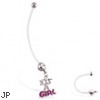 Super long flexible bioplast belly ring with dangling "ITS A GIRL"