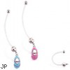 Super long flexible bioplast belly ring with dangling jeweled baby shoe