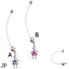 Super long flexible bioplast belly ring with dangling jeweled kid