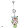 Teal Owl Navel Ring With Pink Accent, 14 Ga