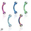 Titanium anodized curved barbell with clear jeweled balls, 16 ga