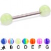 Titanium straight barbell with acrylic layered balls, 14 ga