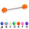 Titanium straight barbell with acrylic layered balls, 16 ga