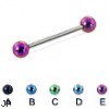 Titanium straight barbell with colored balls, 16 ga