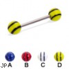 Titanium straight barbell with double striped balls, 16 ga