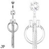 Triple Princess Cut CZ Chandelier With Double Rings Dangle Steel Navel Ring