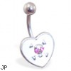 White heart belly ring with pink jeweled skull