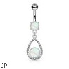 White Opal Center Crystal Paved Tear Drop Dangle Belly Button Ring